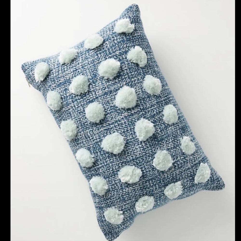 Anthropologie Polka Dot Pom Cushion - blue